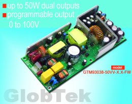 0 to 100v programmable voltage output Medical (60601-1) Internal Open Frame Power Supply designed to meet ANSI/AAMI ES60601-1 and EN/IEC 60601-1, 3rd edition is rated up to 50W output with dual outputs, Model Series GTM93038-50VV-X.X-FW